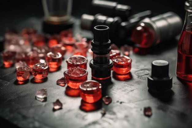 Hooghoekfoto van een microscoop met flesjes bloed op de achtergrond gemaakt met generatieve ai