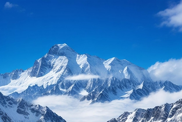 Hooghoekfoto van een prachtige bergketen bedekt met sneeuw onder de bewolkte hemel