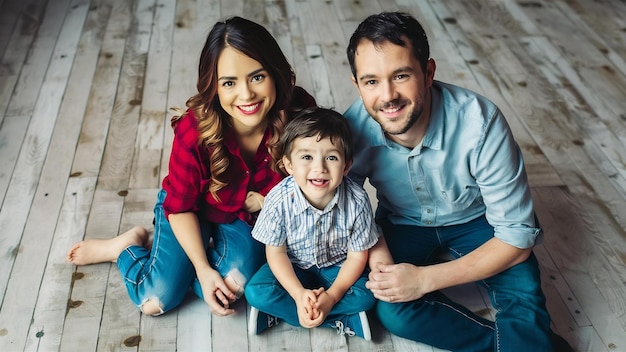 Hooghoekportret van een gelukkig jong gezin met een kleine jongen die op de vloer zit in casual kleding