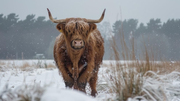 Foto hooglandkoe in een besneeuwd veld naar de camera kijkt