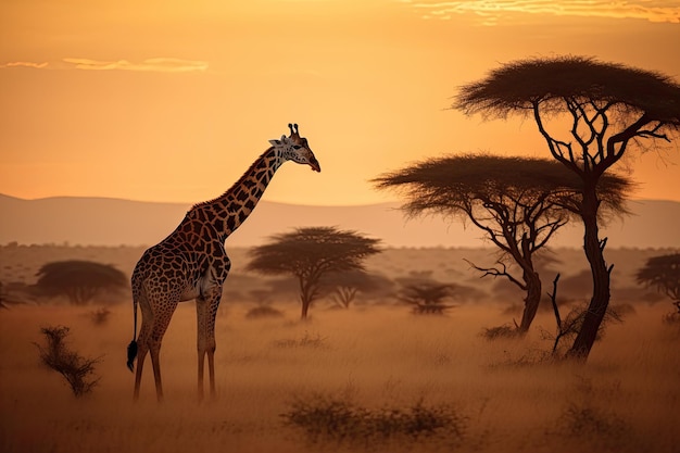 Hoogmoedige giraffe in de savanne omringd door akaciebomen in schaduwen van grijs generatieve IA