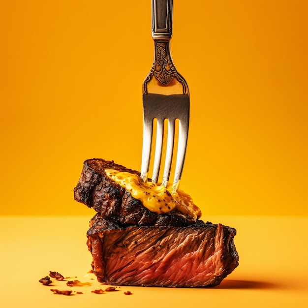 Hoogresolutie beeld van een heerlijke steak en vork op een bord voor commercieel gebruik.