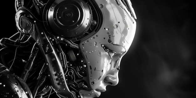Foto hoogresolutie zwart-wit portret van een gedetailleerd robothoofd