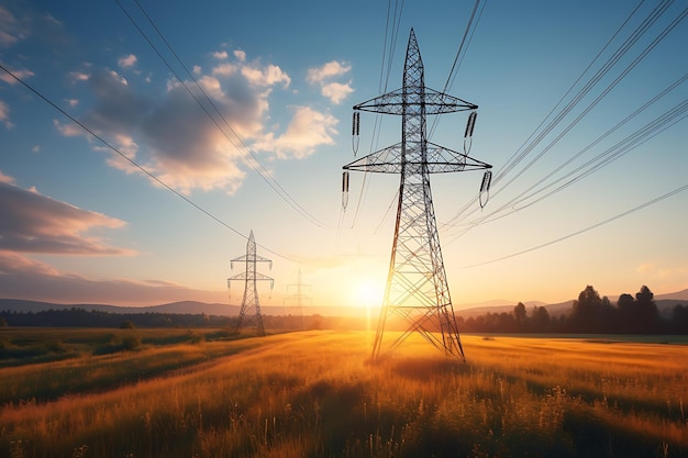 Hoogspanningsleidingen bij zonsondergang Elektriciteitsdistributiestation