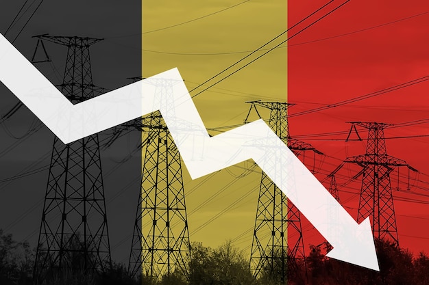 Hoogspanningslijn en vlag van België Energiecrisis Concept van wereldwijde energiecrisis