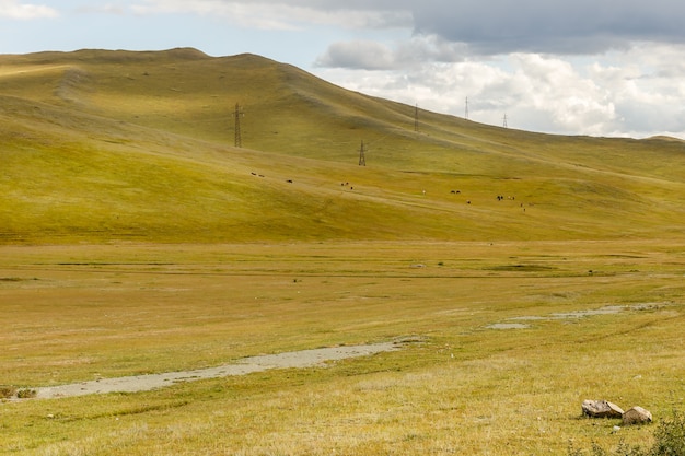 Hoogspanningslijn loopt door de heuvels in Mongolië, prachtig Mongools landschap