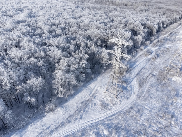 Hoogspanningstransmissietoren in het winterbos.