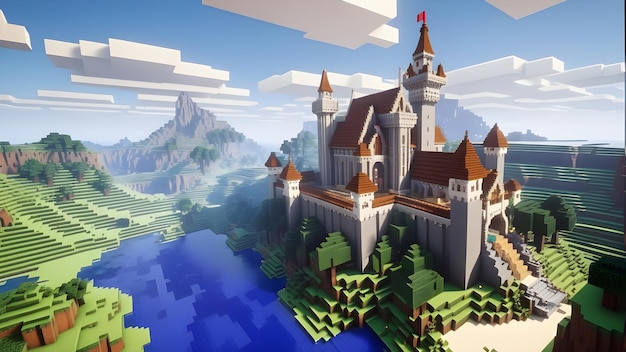 Hoogte gedetailleerd Minecraft kasteel in de lucht met wolken uit zijbeeld voxel spel illustratie