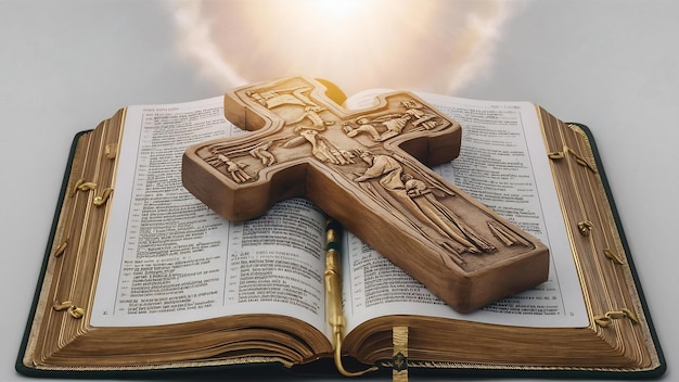 Hoogtebeeld heilige bijbel met houten kruis