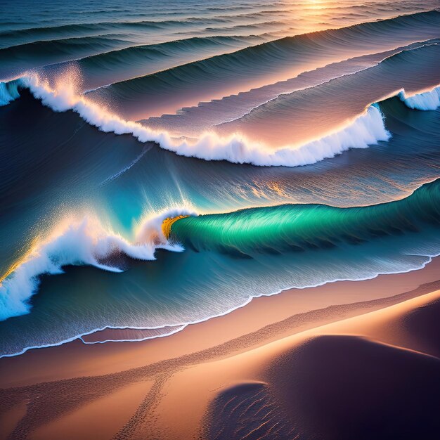 Hoogtebeeld van de golven van de oceaan op het zandstrandlandschap Ongelofelijk mooi zeegebied achtergrond Postpro