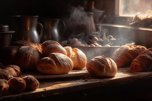 Hoogwaardig beeld van versgebakken brood en gebak waar stoom uit opstijgt Generatieve Ai