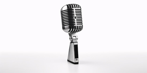 Hoogwaardig close-upbeeld van een professionele microfoon op een schoon wit oppervlak, gegenereerd door AI