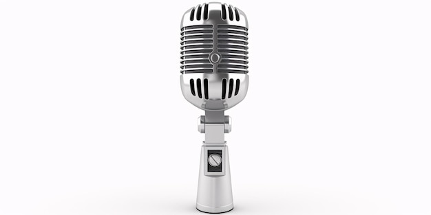 Hoogwaardig close-upbeeld van een zilveren microfoon op een schone witte achtergrond, gegenereerd door AI