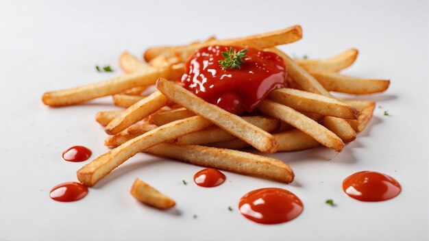 Hoogwaardige afbeelding van knapperige friet met één rode ketchup op een schone achtergrond