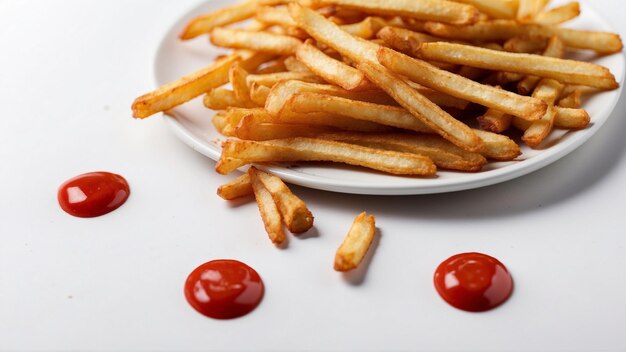 Hoogwaardige afbeelding van knapperige friet met één rode ketchup op een schone achtergrond