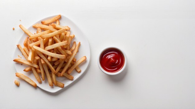 Hoogwaardige afbeelding van knapperige friet met één rode ketchup op een schone achtergrond