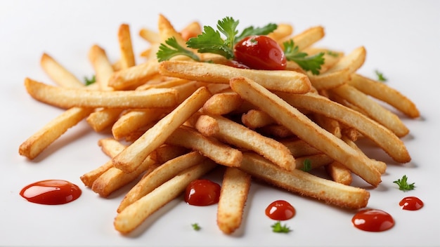 Hoogwaardige afbeelding van knapperige friet met één rode ketchup op een schone achtergrond