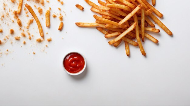 Hoogwaardige afbeelding van knapperige friet met één rode ketchup op een schone achtergrond