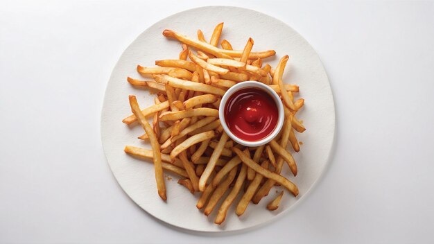 Foto hoogwaardige afbeelding van knapperige friet met één rode ketchup op een schone achtergrond