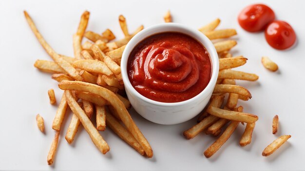 Hoogwaardige afbeelding van knapperige friet met één rode ketchup op een schone achtergrond