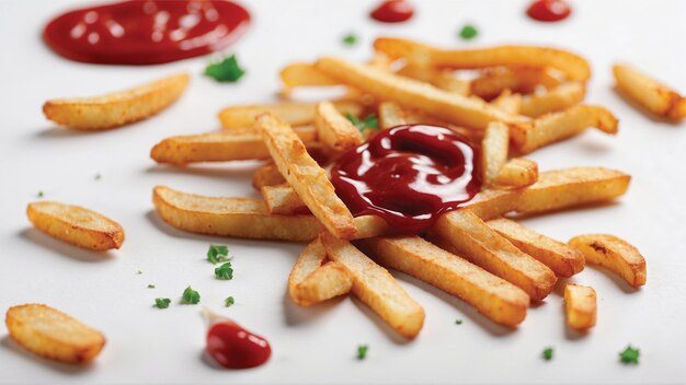 Foto hoogwaardige afbeelding van knapperige friet met één rode ketchup op een witte achtergrond