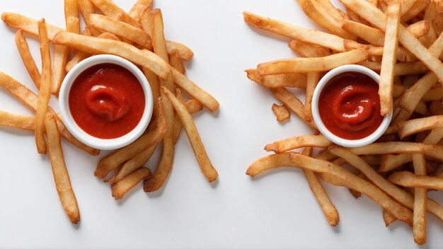 Foto hoogwaardige afbeelding van knapperige friet met één rode ketchup op een witte achtergrond