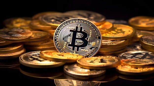 Hoogwaardige Bitcoin-cryptocurrency omringd door een stapel glanzende gouden munten voor i