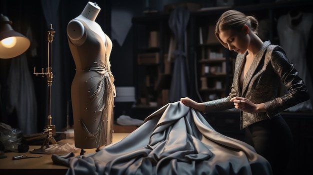 Foto hoogwaardige stof die op een mannequin wordt geplaatst tijdens het prototyperen van kledingstukken in een modestudio