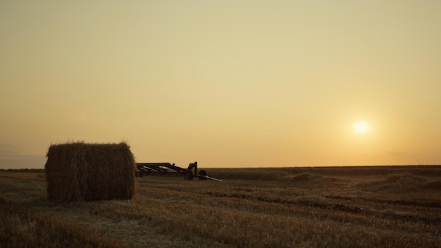 Hooibaal op tarweveld met oogstapparatuur bij gouden zonsondergang Agro-concept