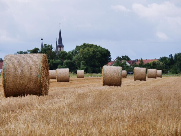 Foto hooibalen op het veld tegen de lucht