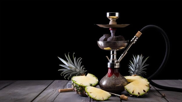 Hookah hot coals on shisha bowl with black background stylish oriental shisha pineapple