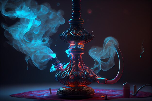 Hookah roken op de achtergrond van een lege grunge muur neon licht rook smog