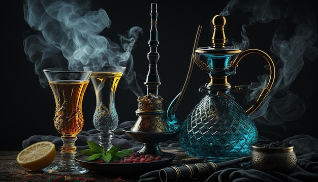 hookah shisha with glass flask and metal bowl with colored smoke on a black Generative AI