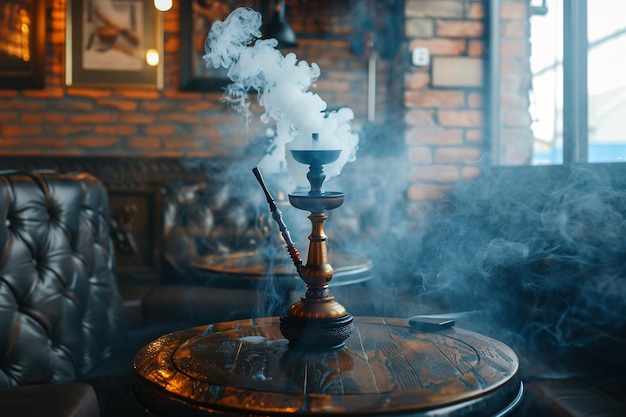 Photo hookah on table in bar with smoke