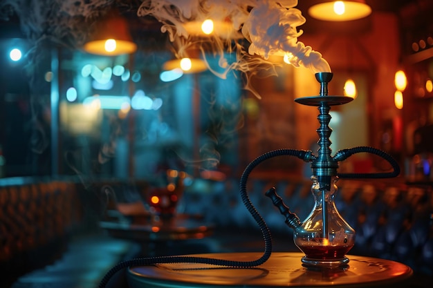 Photo hookah on wooden table in bar with smoke