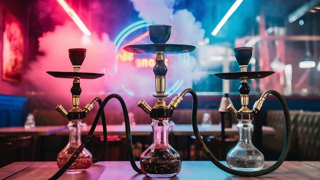 Photo hookahs with shisha coals in bowls against a background of smoke with neon lighting in a restaurant