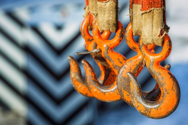 Hooks on slings closeup Industrial equipment for loading or unloading cargo