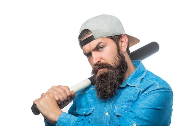 Hooligan with baseball bat ready for fight Violence and aggression concept man hand holding baseball sport bat Beardman holding a baseball bat Isolated white background Man swung the bat