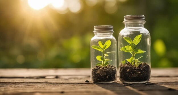 Foto hoop groeit kleine planten in glazen potten