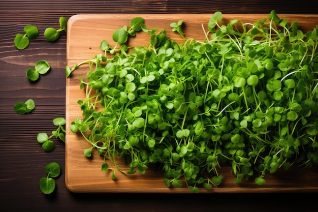 Hoop microgreens op houten snijplank bovenaanzicht Generatieve AI