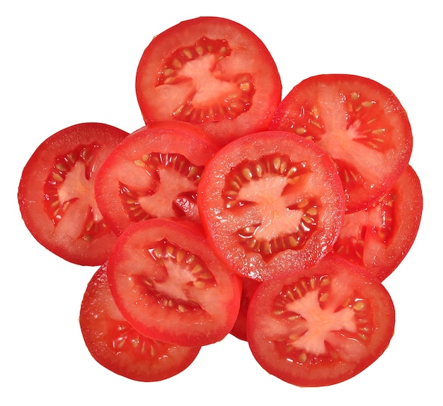Hoop van plakjes tomaat op een witte achtergrond