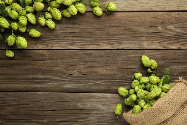 Hop in a burlap bag on grey wooden background. Top view