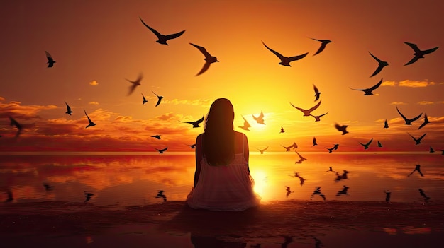 Hope concept illustrated with a woman praying and a bird enjoying nature at sunset