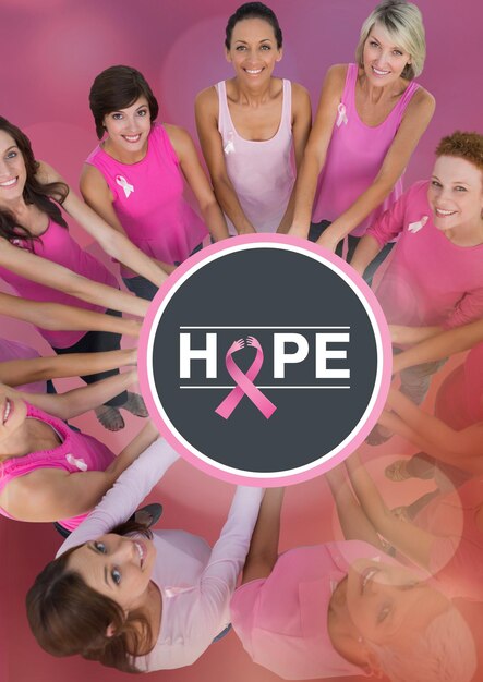 Photo hope text with breast cancer awareness women putting hands together