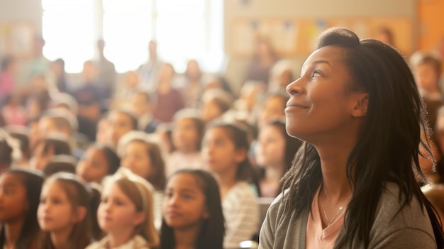 Hopeful woman looking up with inspiration during a seminar