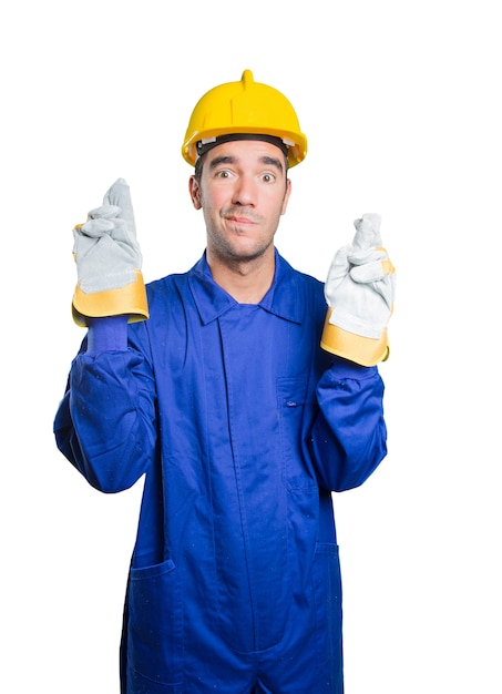 Hopeful workman on white background