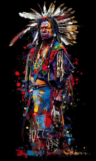 伝統的なキルトと羽毛のTシャツを着たホピ族の男性の肖像画 デザインアートタトゥーインクフレーム