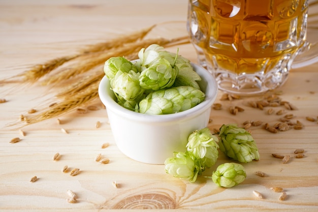 Hops and barley on wooden space. Close-up