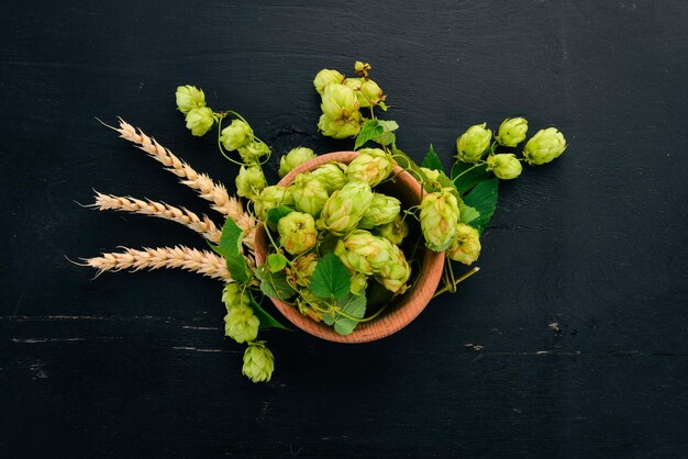 Hops and wheat On a black wooden background Free space for text Top view