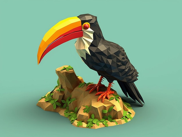 Photo a horbill sits on a rock in isometric art low poly